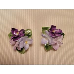 Vintage Bone China Clip On Earrings Made in England Pansies Not Perfect